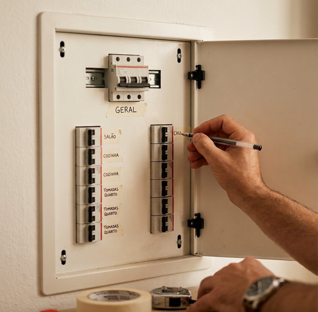 Quadro de disjuntores aberto, com etiquetas já coladas