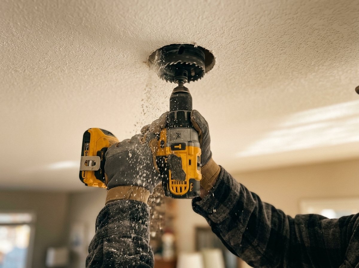 Furadeira com serra copo cortando o forro de gesso