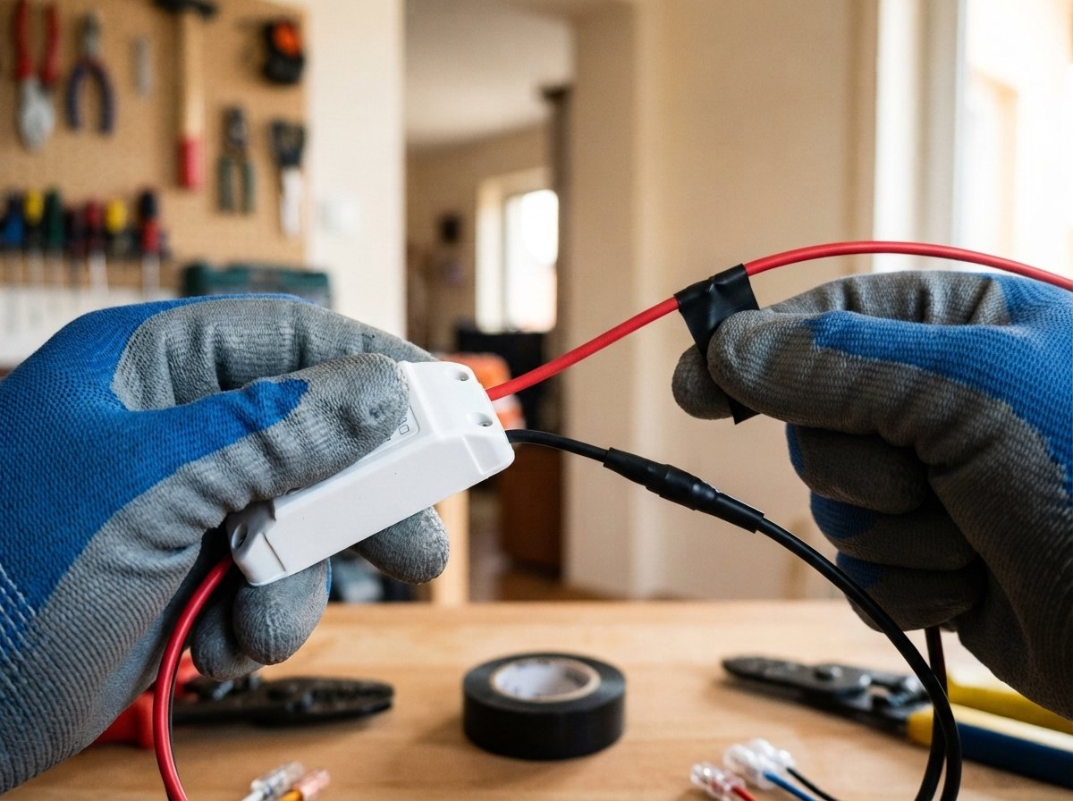 Conexão dos fios ao driver da luminária, com fita isolante em cada emenda