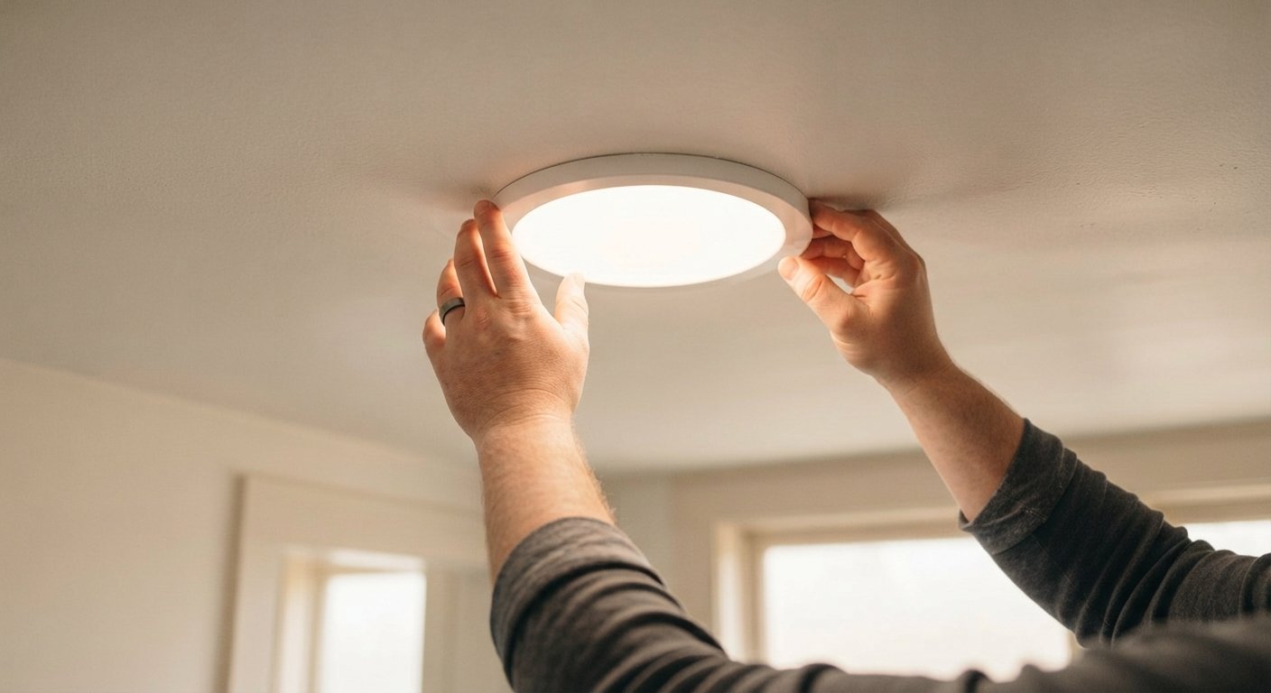 Luminária de LED acesa e instalada no forro