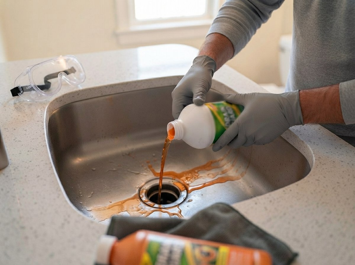 Aplicação do produto no ralo com luvas e óculos de proteção